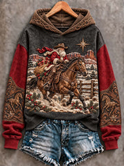 Women's Western Cowboy Christmas Santa Riding Horse Art Hoodie