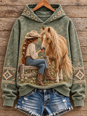 Women's Vintage Western Style Horses Lover Printed Hoodie