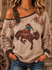 Women's Vintage Western Style Horses&Floral Art Printed Sweatshirt