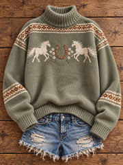 Women's Vintage Western Style Horses Lover Art Printed Sweater