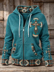 Women's Vintage Western Cross Aztec Pattern Print Zip-Up Hoodie