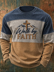 Men's Walk By Faith Pattern Color-block Design Casual Round-neck Sweatshirt