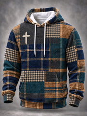 Men's Christian Cross Faith Plaid Print Casual Waffle Hoodie