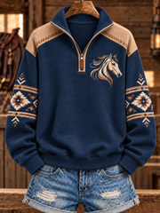 Women's Retro Western Horse Printed Zipper Hoodie