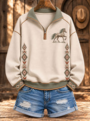 Women's Retro Western Horse Printed Zipper Hoodie