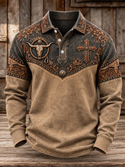 Men's Western Christian Cross Print Long Sleeve Polo