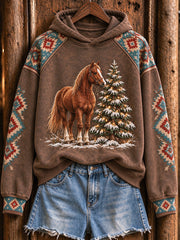 Women's Vintage Western Christmas Horse Print Cozy Hoodie