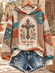 Women's Vintage Cross Print Casual Hoodie