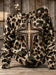 Women's Vintage Cross Print Casual Off-Shoulder Sweatshirt