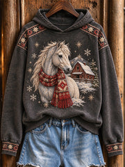 Women's Vintage Western Christmas Horse Print Cozy Hoodie