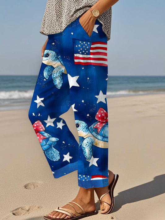 Women's Beach Turtle America Flag Print Casual Pants