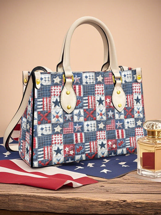 Womens American Flag Art Floral Leather Tote Shoulder Bag