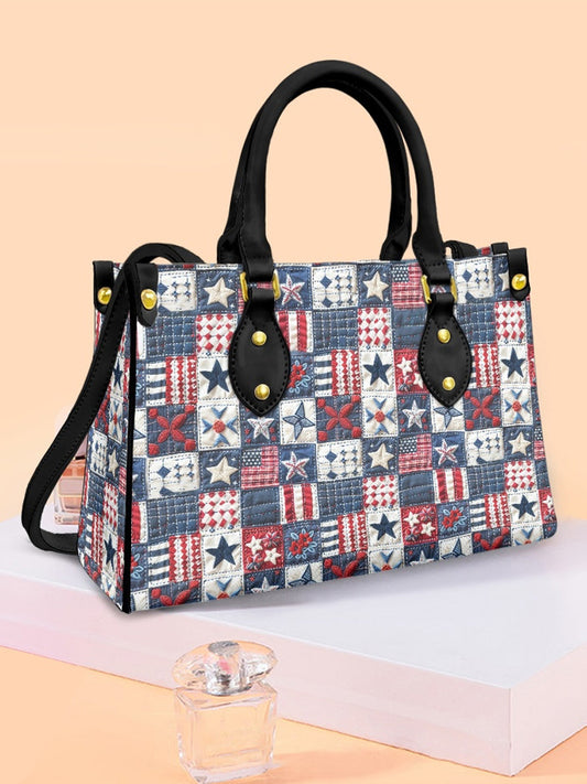 Womens American Flag Art Floral Leather Tote Shoulder Bag