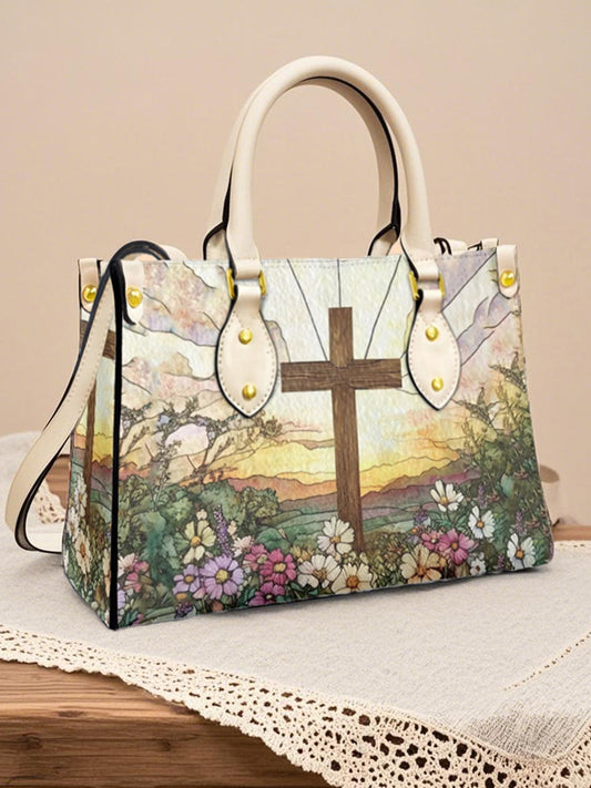 Women's Faith Cross Floral Art Leather Tote Shoulder Bag