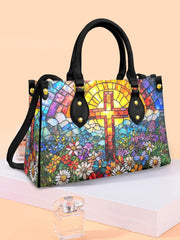 Women's Faith Cross Floral Art Leather Tote Shoulder Bag