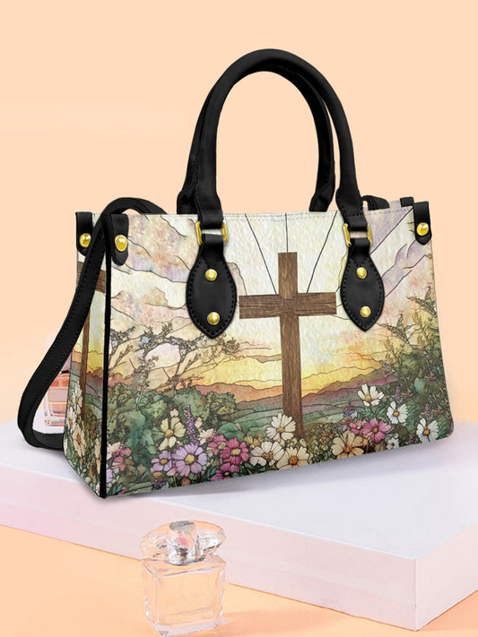 Women's Faith Cross Floral Art Leather Tote Shoulder Bag