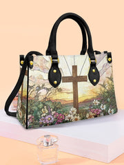 Women's Faith Cross Floral Art Leather Tote Shoulder Bag