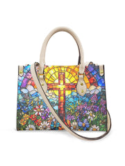 Women's Faith Cross Floral Art Leather Tote Shoulder Bag