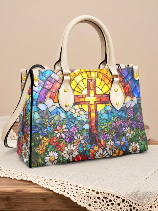 Women's Faith Cross Floral Art Leather Tote Shoulder Bag