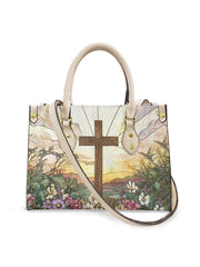 Women's Faith Cross Floral Art Leather Tote Shoulder Bag