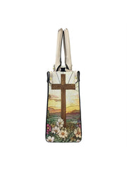 Women's Faith Cross Floral Art Leather Tote Shoulder Bag