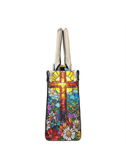 Women's Faith Cross Floral Art Leather Tote Shoulder Bag