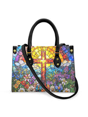 Women's Faith Cross Floral Art Leather Tote Shoulder Bag