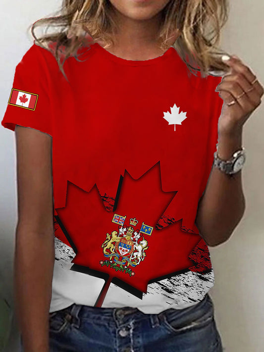 Women's Canadian Flag Maple Leaf Print Casual Tee