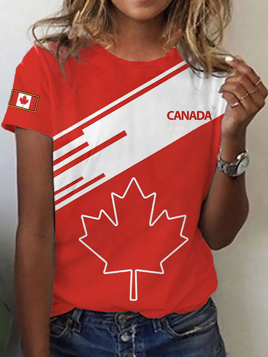 Women's Canadian Flag Maple Leaf Print Casual Tee