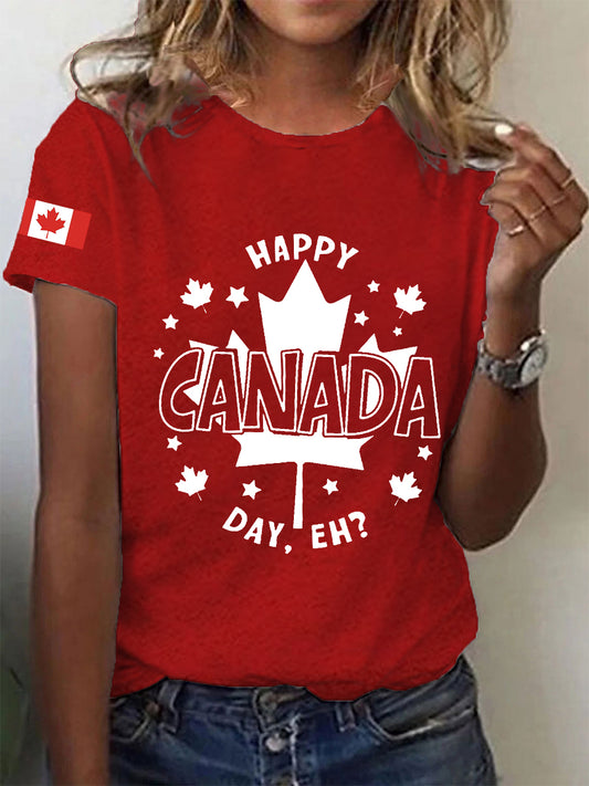 Women's Canadian Flag Maple Leaf Print Casual Tee