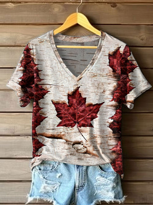 Women's Canadian Maple Leaf Landscape Print Casual Short Sleeve T-shirt