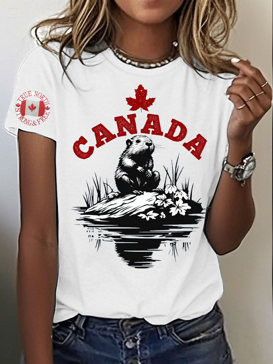 Women's Canada Beaver Maple Leaves Printed T-Shirt