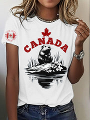 Women's Canada Beaver Maple Leaves Printed T-Shirt