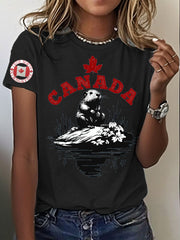 Women's Canada Beaver Maple Leaves Printed T-Shirt