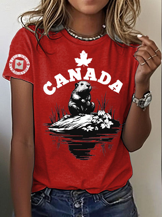 Women's Canada Beaver Maple Leaves Printed T-Shirt