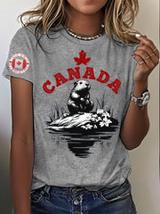 Women's Canada Beaver Maple Leaves Printed T-Shirt