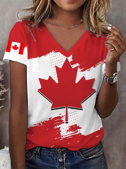 Women's Canadian Flag Maple Leaf Print Casual V-Neck Tee