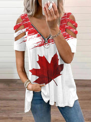 Women's Canadian Maple Leaf Print Casual V-Neck Zipper Top