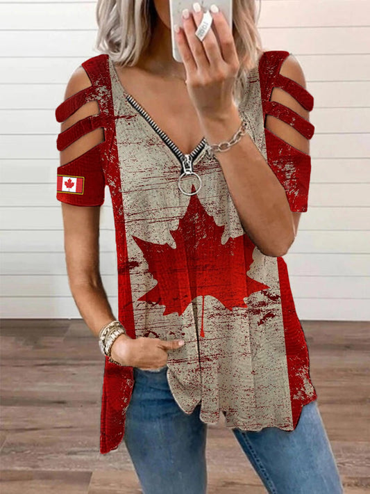 Women's Canadian Flag Maple Leaf Print V-neck zipper T-shirt