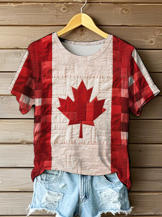 Women's Vintage Patchwork Canadian Maple Leaf Print Casual Tee