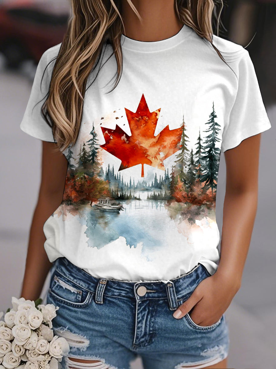 Women's Watercolor Landscape Maple Leaf Print Casual Tee
