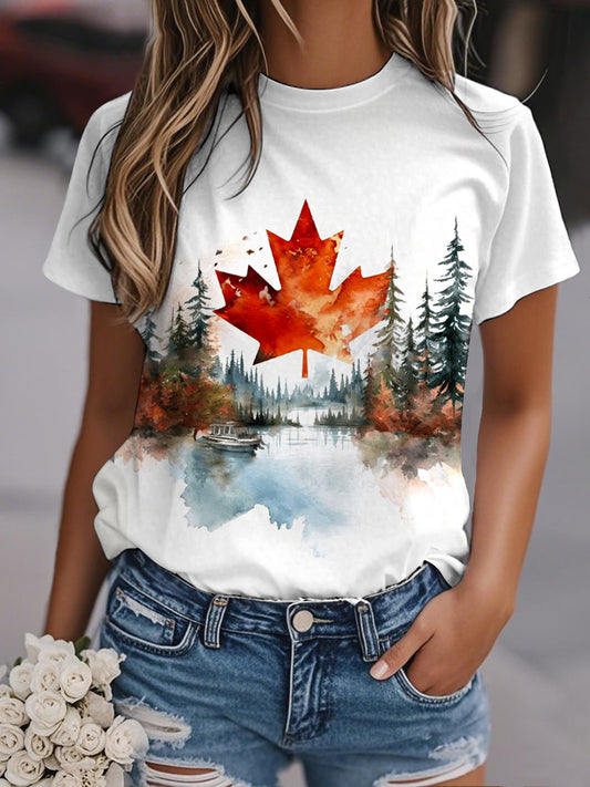 Women's Watercolor Landscape Maple Leaf Print Casual Tee