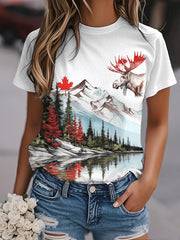 Women's Watercolor Landscape Maple Leaf And Moose Print Casual Tee