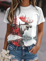 Women's Watercolor Maple Leaf Moose And Mountains Print Casual Tee