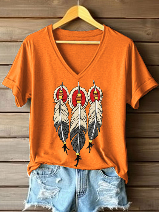 Women's Tribal Feather Embroidered V-Neck T-Shirt