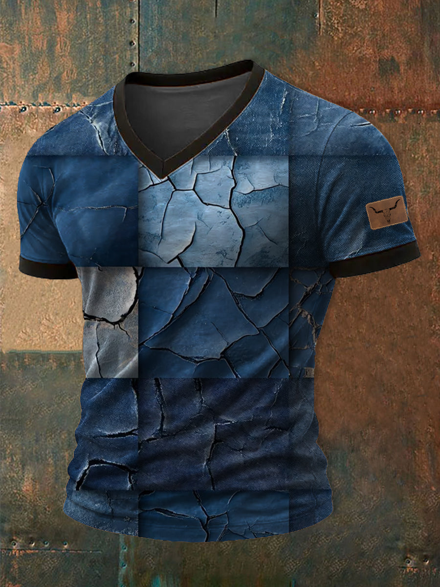 Men's Retro Cowboy Bull Head Patchwork Print Casual V-neck Short Sleeve T-shirt