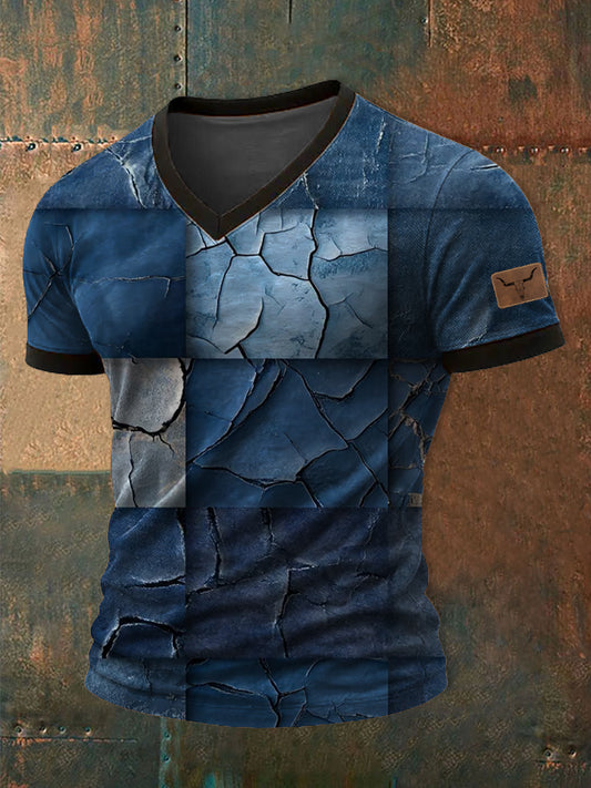 Men's Retro Cowboy Bull Head Patchwork Print Casual V-neck Short Sleeve T-shirt