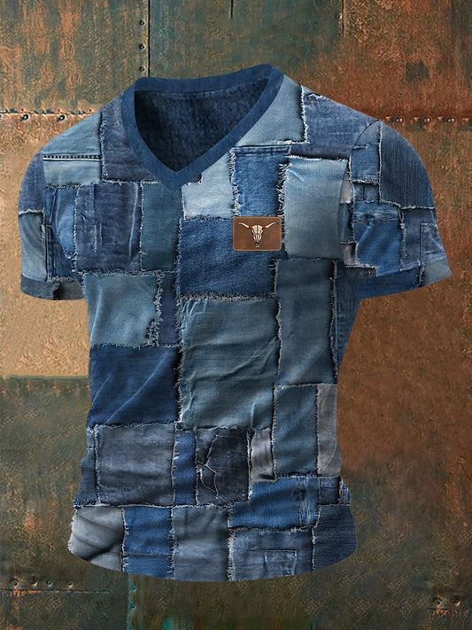 Men's Retro Cowboy Bull Head Patchwork Print Casual V-neck Short Sleeve  T-shirt