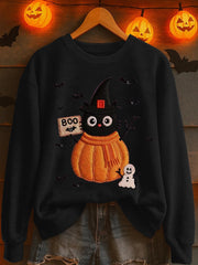 Women's Black Cat Pumpkin Print Casual Sweatshirt