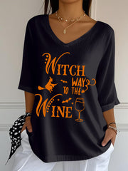 Women’s Witch Way To The Wine Printed V-Neck Top